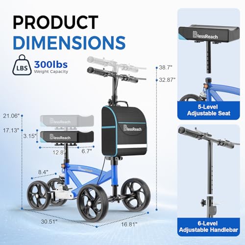 Image of BlessReach Steerable Knee Scooter Deluxe Medical Scooter for Foot Injuries Compact Crutches, with Dual Rear on-Wheel Brake and Shock Absorption Under The Knee pad(Blue)