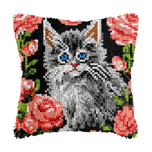 Image of bositigo Cat Latch Hook Pillow Kit for Adults & Kids, DIY Pre-Printed Canvas Craft, 17x17 Inch Decorative Cover for Sofa Cushions, Bedroom Decor (Cat Pattern 51)