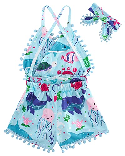 Unicomidea 12-18 Months Summer Clothes Baby Girls Romper Blue Whale Onesie V Neck Backless Outfit For Infant Adjustable Baby 1St Jumpsuit With Headband #TOP1