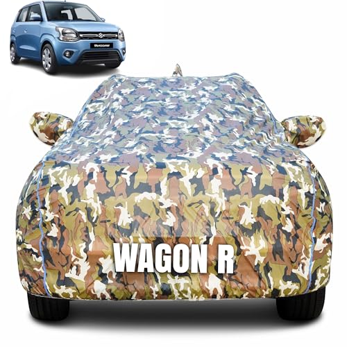 Image of 100% Waterproof Car Body Cover for Maruti Suzuki Wagon R (1999-2024) with Mirror Pocket (Heat & UV Resistant, Triple Stitched, Soft Lining, Bottom Elastic & Piping) Camouflage, Military Print