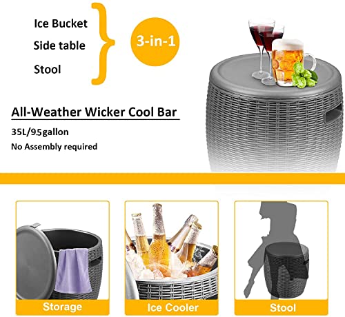 Doit Outdoor Cooler Table For Patio And Deck, 9.5 Gallon All-Weather Resistant Wicker Ice Cool Bar Table With Lid, Side Handles & Drain Plug For Beverage, Wine & Beer, Rustic Patio Decor -Black #TOP3