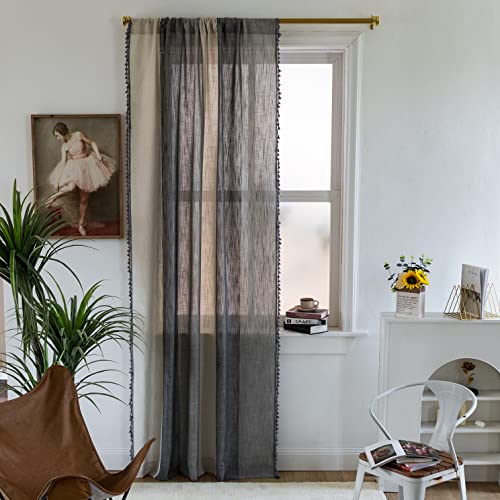 Sutuo Home Boho Curtain Semi-Blackout Linen Textured Fabric, Handmade Tassels Rod Pocket Striped Shabby Chic Vintage Bohemian Window Drapes For Bedroom, 55" W X 84" L, 1 Panel Patchwork Grey Beige #TOP1