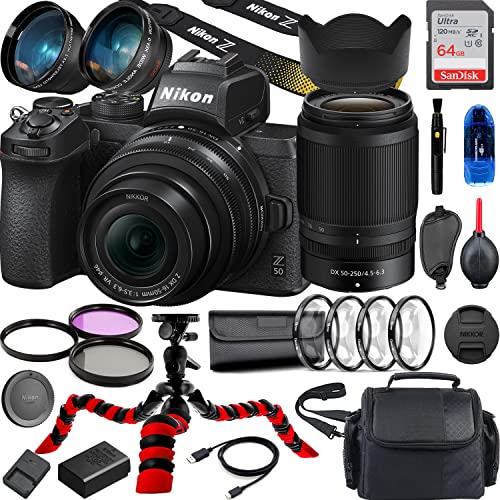 Nikon Z50 Mirrorless Camera with NIKKOR Z DX 16-50mm f/3.5-6.3 VR and Nikon NIKKOR Z DX 50-250mm f/4.5-6.3 VR Lens (Black) + Accessories (64Gb Memory Card, Wide Angle and Telephoto Lens and More)