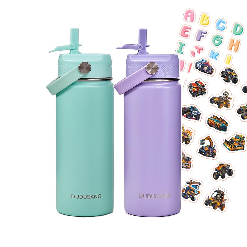 2Pack 18oz Kids Insulated Water Bottle - Bulk Stainless Steel Water Bottles for School Boys/Girls Flip Top Leak Spill Proof Vacuum Metal Cups BPA Free Thermos (Light Purple, 18 Ounces)
