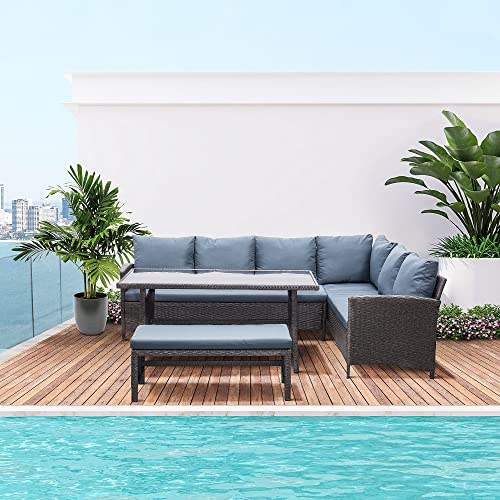 Outsunny 4 Pieces Patio Wicker Dining Sets, Outdoor Pe Rattan Sectional Conversation Set With Cushions & Dining Table, Bench For Garden, Backyard, Lawn, Grey #TOP1