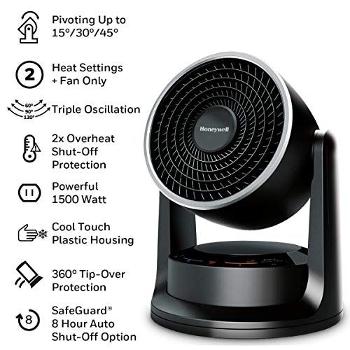 Honeywell Turbo Force Power Heater + Fan – Space Heater With Wide-Area Heating, Pivoting Head And Triple Oscillation – Fan And Heater Combo With Powerful Heat And Circulation Black Medium #TOP1