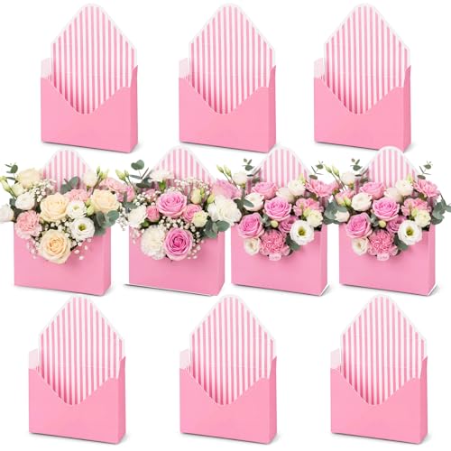 Geyee 10 Pcs Graduation Floral Bouquet Envelope Boxes Pink Flower Bouquet Packaging Gift Paper Wrapping Flower Bags for Arrangements Mother's Day Wedding Party Birthday, 9.3‘' x 3‘' x 13.8''