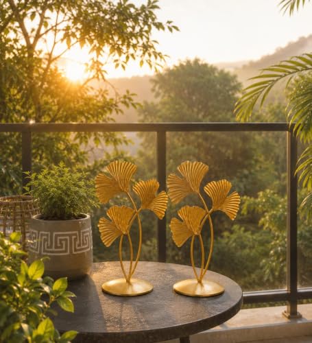 Image of (Set of 2) Iron Gold Plated 3 Leaf Shape 7.5 Inches Table Stand for Home & Living Room Decor | Metal Ginkgo Leaf Showpiece for Office, Bedroom & Shelf Decoration | Decorative Items for Home