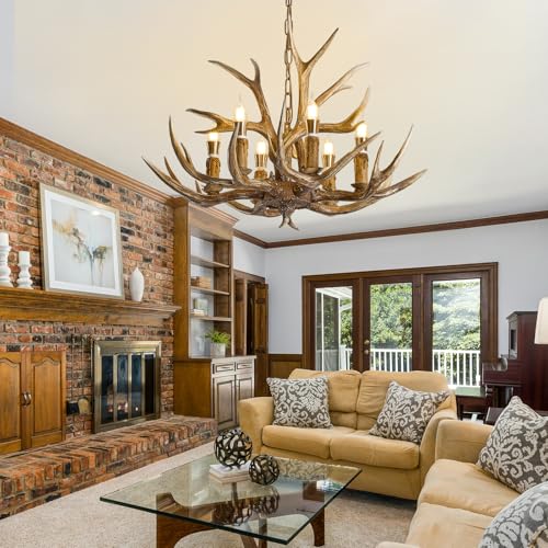 LUJIAODS Antlers Chandelier 6 Light,Deer Antler Chandelier Lighting Resin Faux Horn Antler Lighting Rustic Vintage Farmhouse Pendant Lamp for Log Cabin, Dining Room, Kitchen Island(6 Lamp Arms) by LUJIAODS - Used condition - Image 5