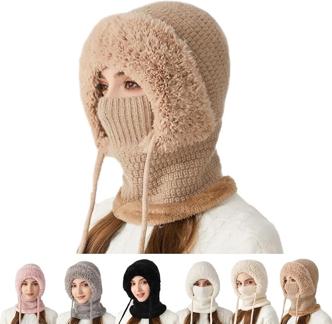 3 in 1 Beanie Hat for Women, Sherpa Hood Ski Mask, Fall Winter Warm Knitted Windproof Balaclava...