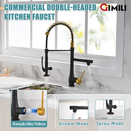 GIMILI Black and Gold Kitchen Faucet with Pull Down Sprayer Single Handle High Pressure Kitchen Sink Faucet Commercial Double-Headed Stainless Steel Kitchen Faucets - Thumbnail 3