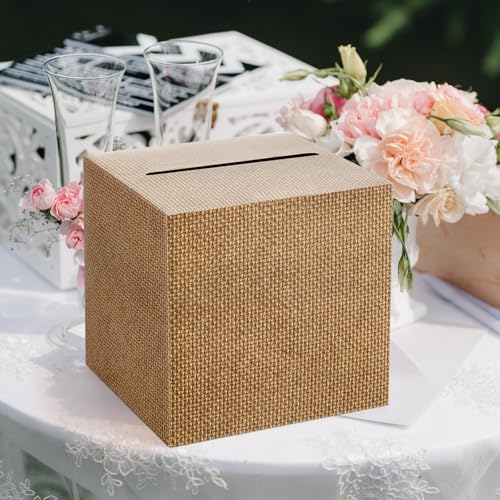 Image of Hooqict Burlap Plain Card Box with Slot 9.1 inch Wedding Favor Gift Card Box for Reception, Graduation, Parties, Birthday, Wedding Decorations, Retirement, Diaper Raffle Box Envelope Ticket Holder