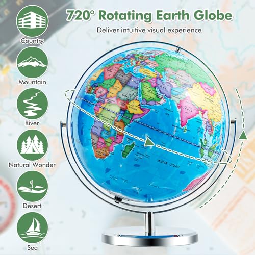 image for COSTWAY Illuminated World Globe, 13” Desktop Geographic Globe w/LED 