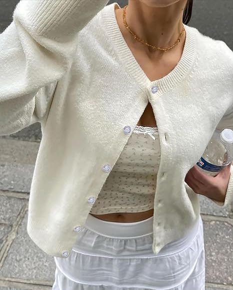 Image of Faretumiya Women Y2k Button Down Crop Sweater Cardigan Long Sleeve Open Front Crewneck Cardigan Cute Knit Pullover Tops