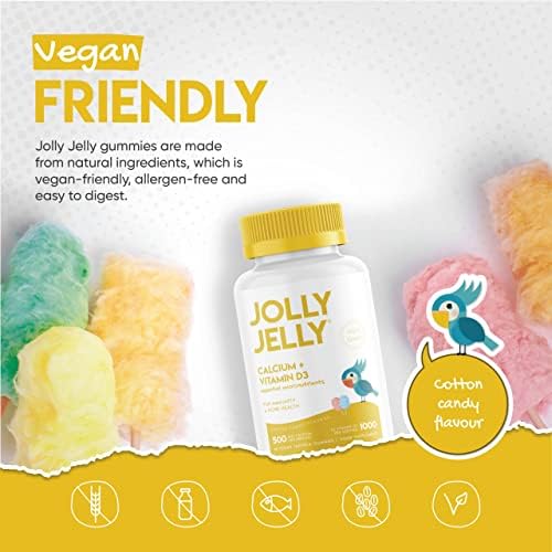 Calcium and Vitamin D3 Gummies | 1000IU Vitamin D3 + 500mg Calcium | Immunity & Bone Health | Cotton Candy Flavour | Kosher, Halal, Non GMO | 60 Gummies.