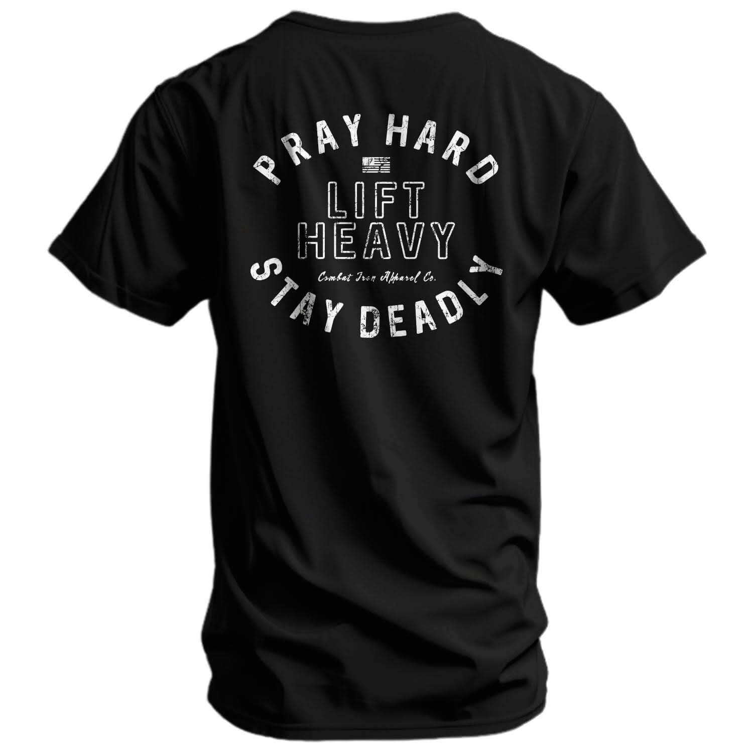 Combat Iron Mens Graphic T-Shirt Pray Hard Lift Heavy Stay Deadly Athletic Fit Tagless Comfort