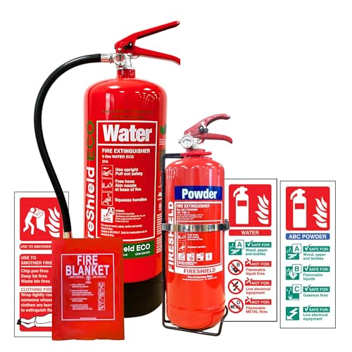 2KG ABC Dry Powder 6LTR ECO Water Fire Extinguishers 1.8m x 1.2m Hard Case Fire Blanket & Extinguisher ID Signs