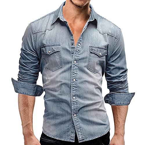 PRJN, Camicie di jeans, da uomo, casual abbottonata slim fit Top in cotone elasticizzato manica lunga Camicia di jeans kingsize, abbottonate da uomo elegante a maniche lunghe, B-blu (A), L