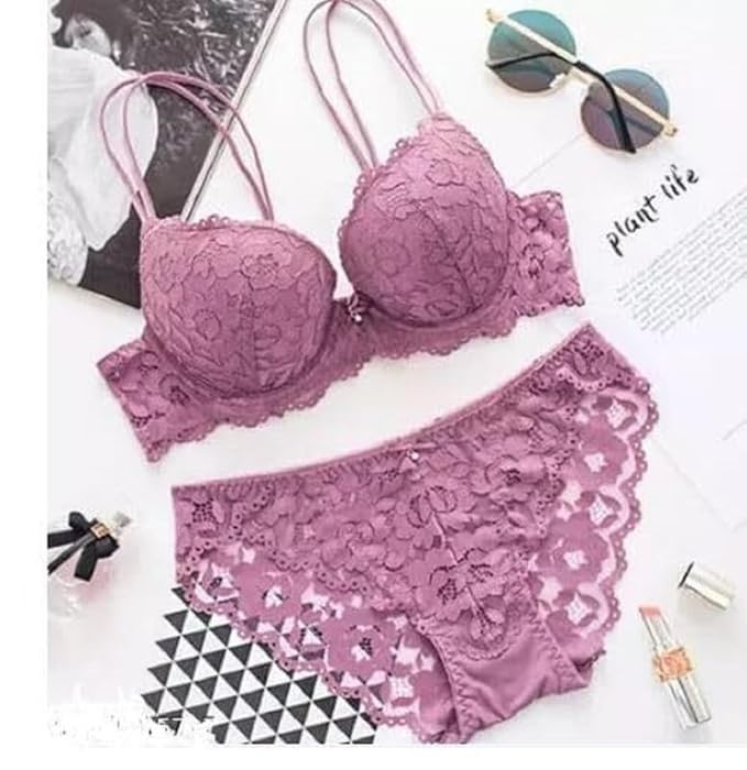 Image of Designer Women's Lace Push-Up Bra & Panty Set | Underwired, Solid, Baby Doll Bikini Style
