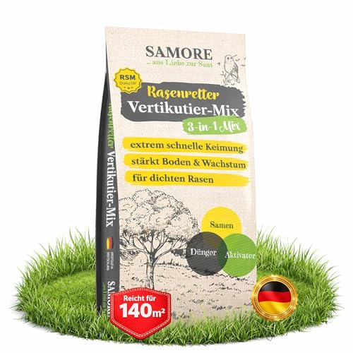 samore - Rasenretter Vertikutiermix I Rasendünger Rasensamen & Bodenaktivator I 3in1 Rasenreparaturmischung I Rasendünger Frühjahr mit Grassamen gegen kahle Stellen I Nachsaat (4 Kg für 140 m)
