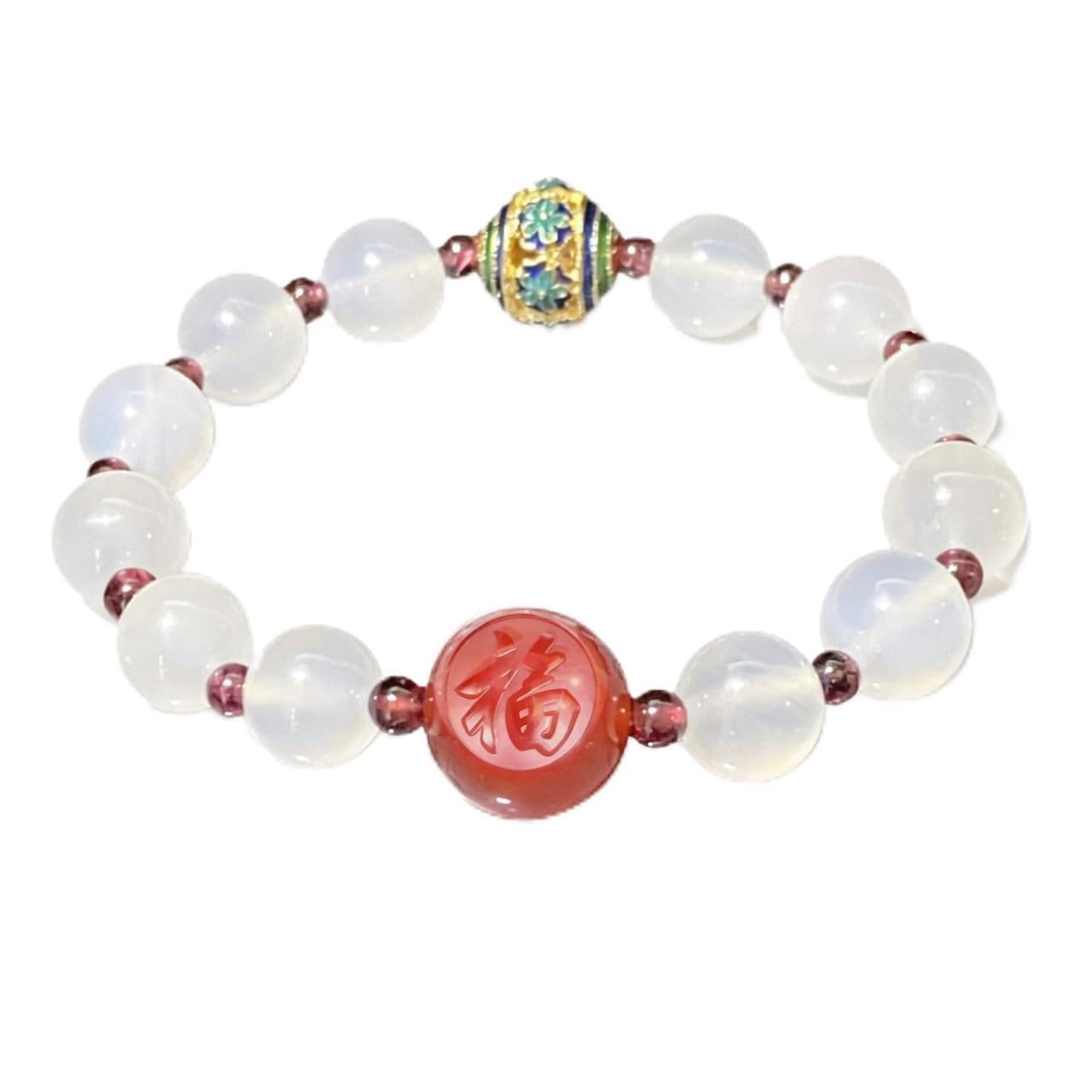 YIYANJU Chinese Palace-Style Lucky Bracelet: Red "Fu" (Blessing) Character, "Smooth Sailing" Design with Cloisonn Accents & White Agate,Premium Natural Materials,Lucky Bracelet,Sincere Wishes,Lucky Charm,Protection,Conveying Wishes for Success in Wo