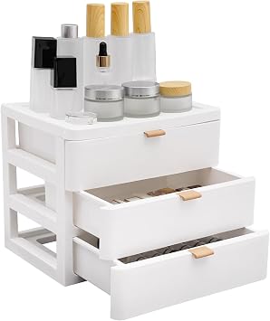 Desktop Storage Box, Desk Organizer with Drawer, Drawer Organizer,3 Drawers + 1 Top Platform,White,Office Supplies,Stationary,Makeup Organizer,Desk Storage Box for Office, School, Home