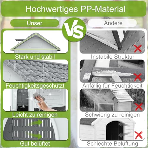 HENGMEI Hundehütte aus Kunststoff XL Haustierhaus Wasserabweisend 79.5×70.5×78cm Isoliert Hundezwinger Plastik mit erhöhtem Boden Schiebedach Katzenhaus Hundekäfig