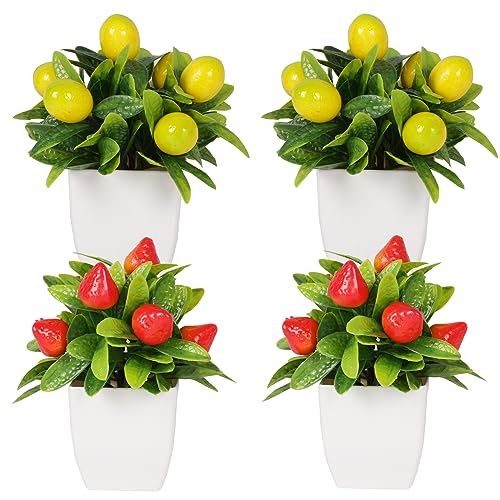 Yoratee 4 Fake Potted Plants Small Artificial Fruit Plants with Pots Lemon 2pcs Strawberry 2pcs Potted Plants for Indoor Decor Outdoor Garden Decorations