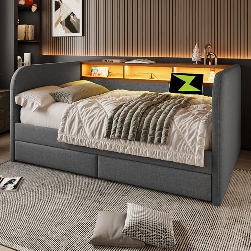 LINKHOO Polsterbett Tagesbett, Schlafsofa mit LED und USB-C Ladefunktion, Daybett mit 2 Schubladen und Stauraum-Kopfteil, Leinen(Ohne Matratze),...
