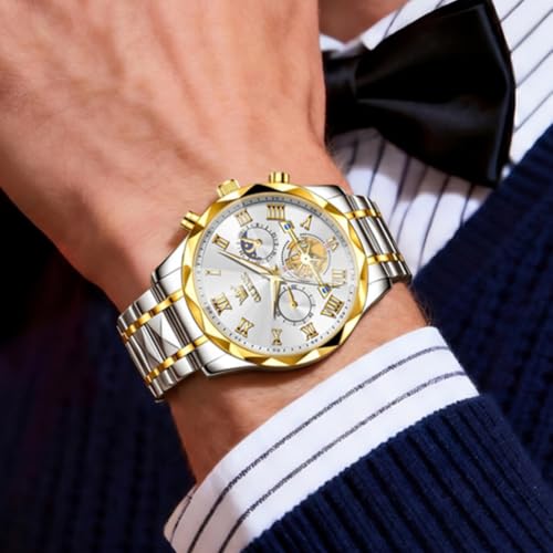 Image of OLEVS Watches for Men Luxury Diamond Casual Large Dial Watches Stainless Steel Waterproof Business Dress Analog Luminous Date Mens Watches