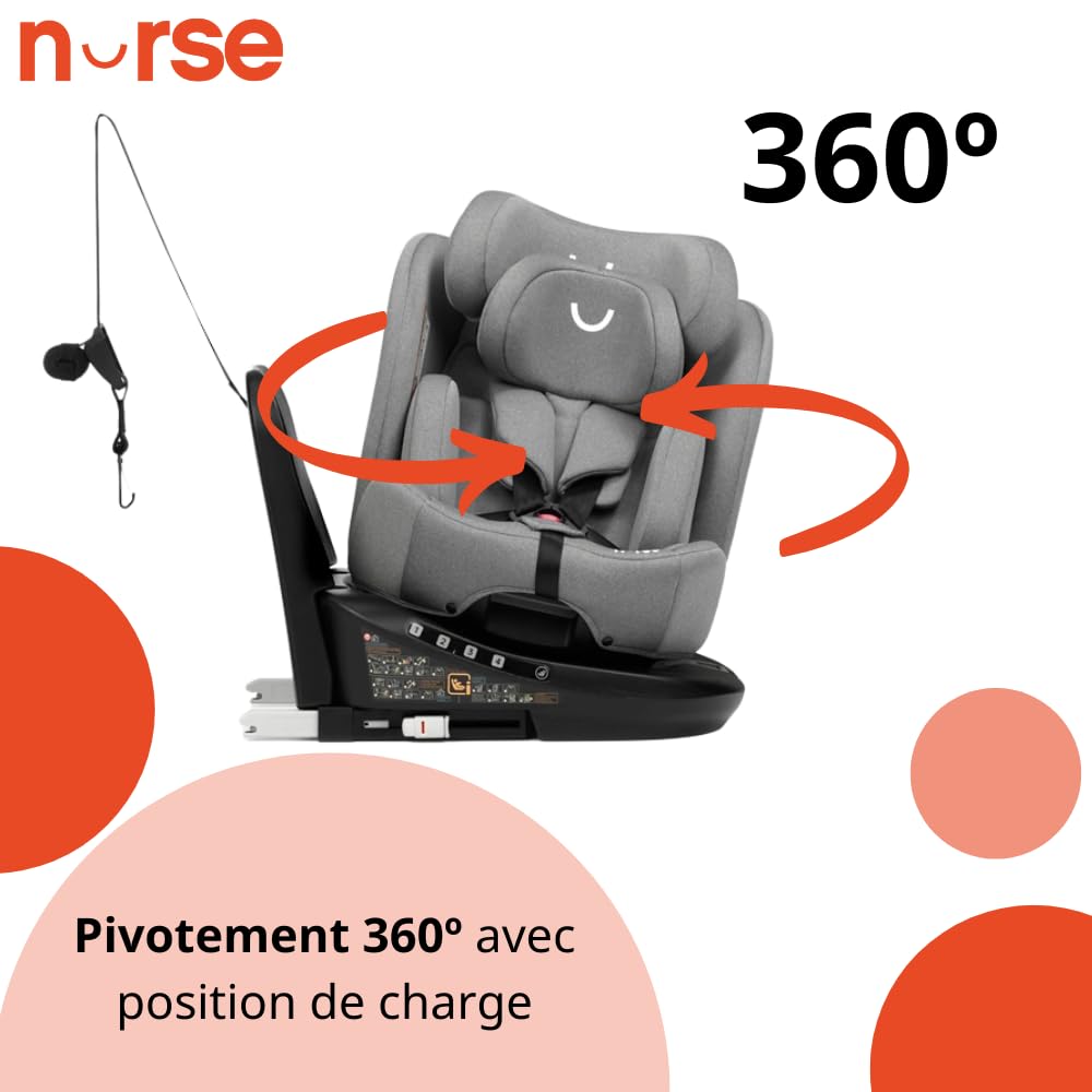 Nurse Scala Siège Auto i-Size 40–150 cm, Pivotant 360º, ISOFIX avec Top Tether, Dos à la Route et Face à la Route, Protection Latérale, Gris