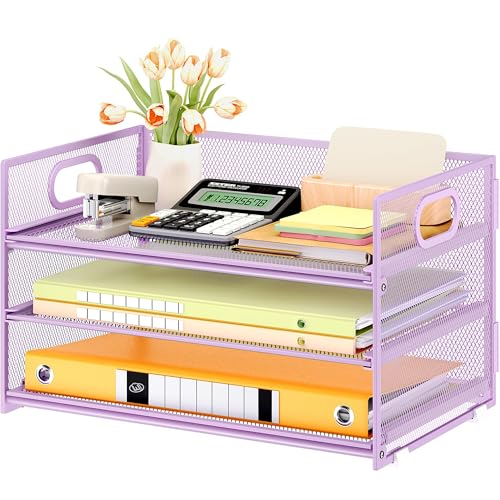 VITVITI 3 Tier Paper Desk Organizer with Handle and 1 Pcs Slideable Letter Tray, A4 Paper File Folder Sorter Metal Mesh Organizer for Home Office School Desk Supplies Organization Storage - Purple