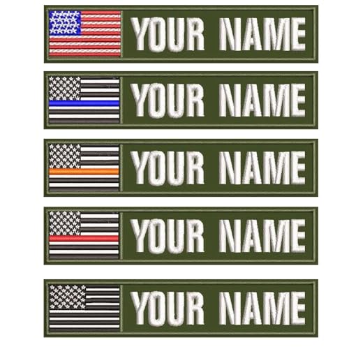 2PCS Customizable Name Patches with Hook Fastener? Army Green &Personalized Tactical Morale Embroidered Name Tapes with American Flag Patch for Hats Caps Bags Backpacks Tactical Vest Military
