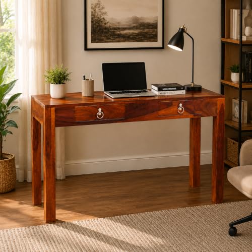 Image of RUKMAJEE Solid Sheesham Wood Study Table, Computer Table | Desk with 2 Drawers for Home,Study Room & Office| Natural Brown Finish