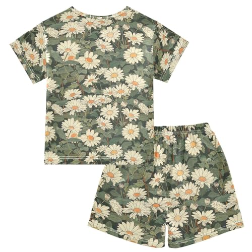 ALAZA Daisy Flowers Green Leaves Pajama Set Short Sleeve Sleepwear Soft Lounge Nightwear2