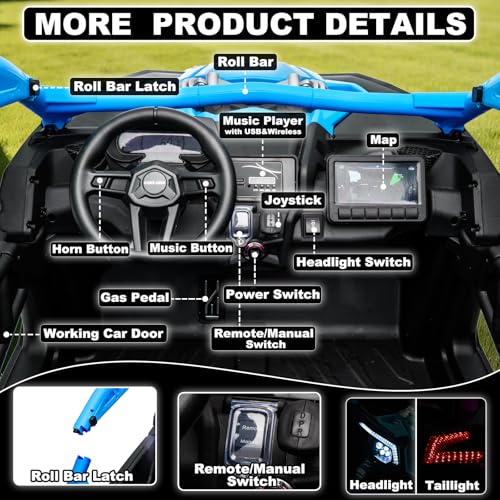 Image of NEWQIDA 2 Seater Ride On Car with Remote Control 24V 4WD Electric Car for Kids 4x4 Ride on Truck Licensed Can Am Maverick UTV Ride On Toys for Big Kids, EVA Rubber Wheels, Spring Absorbers, Blue