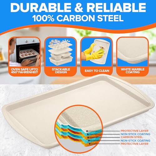 Emporio Kitchen Stackable Baking Pan Set - Deluxe Nonstick White Marble Coating, Carbon Steel Bakeware Sets, PFOA, PFOS, PTFE Free, Recipe Booklet Included, Oven Safe (Up to 450°F), Set of 7 - White - Thumbnail 3