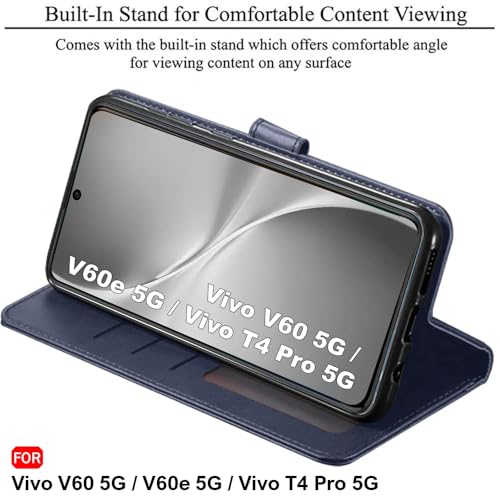 Image of TheGiftKart Genuine Leather Finish Flip Back Cover Case for Vivo V60 5G / V60e 5G / Vivo T4 Pro 5G | Inbuilt Pockets & Stand | Wallet Style | Designer Button Magnet Flip Cover (Faux Leather, Blue)