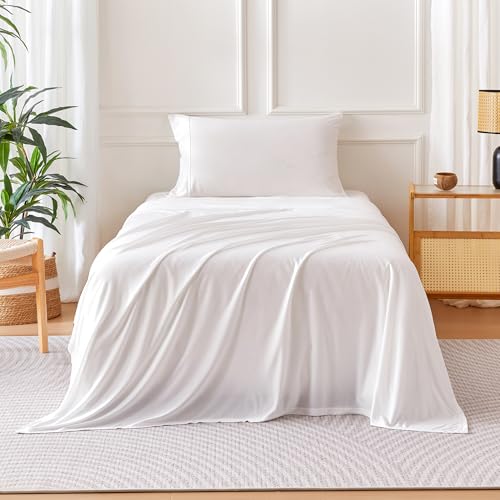 Image of Amazon Basics Jersey Knit 3-Piece Sheet Set, Wrinkle Free and Easy Fit, Includes 16 inch Deep Pocket Fitted Sheet, 1 Flat Sheet and 1 Pillowcase, Twin, White