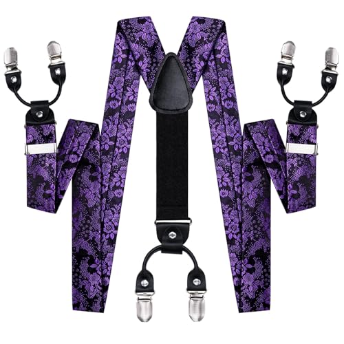 Image of Dubulle Mens Clips Suspenders and Pretied Bowtie Set Y Shape Adjustable Paisley Checks Braces Pocket Square,Black Purple