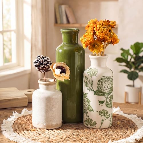 Singhoow Set of 3 Ceramic Vases Vintage Farmhouse, Green, Hydrangea