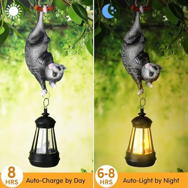 Gerrii Solar Light Outdoor Statues Resin Possum Upside Down with LED Lantern 13'' Waterproof Hanging Animal Figurine with String for Yard Garden Tree Wall Decoration Gifts for Mom Women