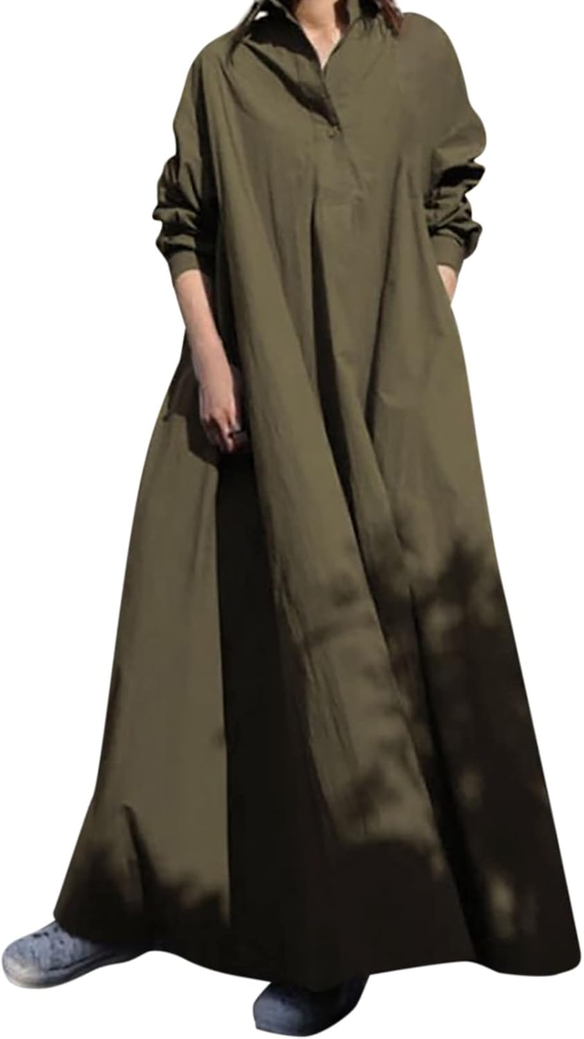 Versear Effen kaftan voor dames van katoen, linnen, boho, grote maten met zakken, losse lange mouwen, V-hals, plooien, lange jurk met lagen, maxi-jurk, vrijetijdsjurk, casual oversized, zwart, M