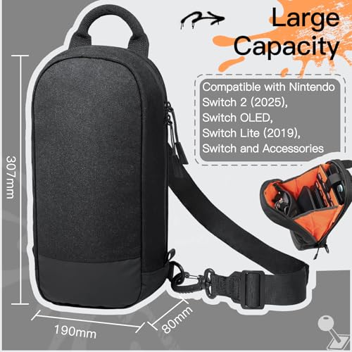 Image of JETech Sling Crossbody Bag for Nintendo Switch 2 /Switch OLED /Switch Console, Shoulder Bag with 8 Game Card Slots, Large Capacity for Accessories & Charger, Perfect for Daily Use & Travel, Black