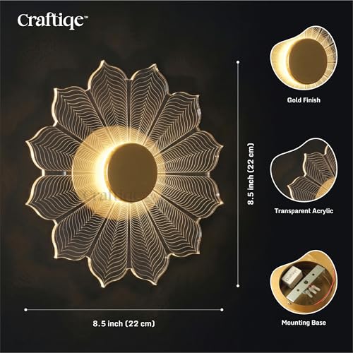 Image of Lotus Glow LED Wall Light | 3 Color Mode Decorative Metal & Acrylic Wall Lamp for Home, Bedroom & Pooja Room | Modern Designer Lighting for Home Decor Warm, Neutral & Cool White