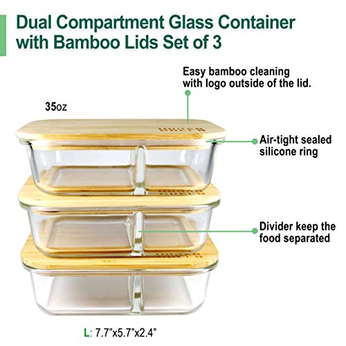 Glass Containers Bamboo Lids, Urban Green, Meal Prep Containers, Glass Food Storage Containers, 2 Compartments, Pantry And Kitchen Organizer, Lunch Bento Box, Microwave-Freezer-Oven Safe, Set Of 3, #TOP1
