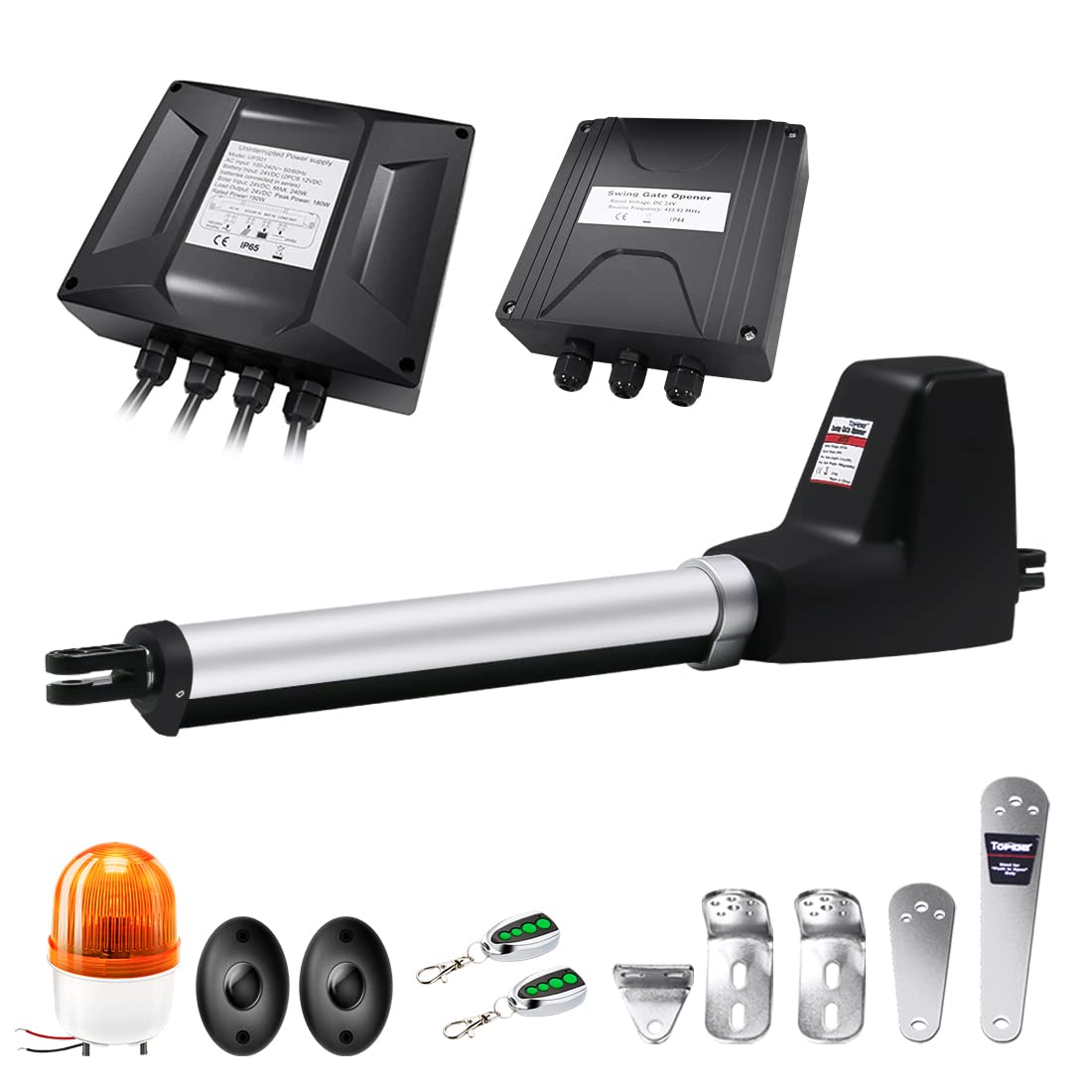 TOPENS AT6131 Single Swing Gate Opener Medium Duty Automatic Gate Motor for Single Swing Gates Up to 5.5m, Electric Driveway Gate Operator AC Powered with Remote Control, Beacon, and Photo Sensor