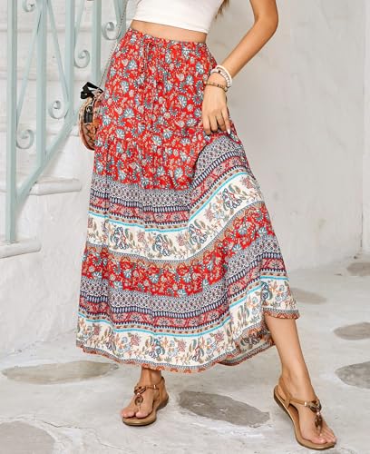Womens Summer Casual Floral Print Midi Skirt 2025 Boho Elastic Waist Tiered A Line Flowy Swing Beach Vacation Skirts3