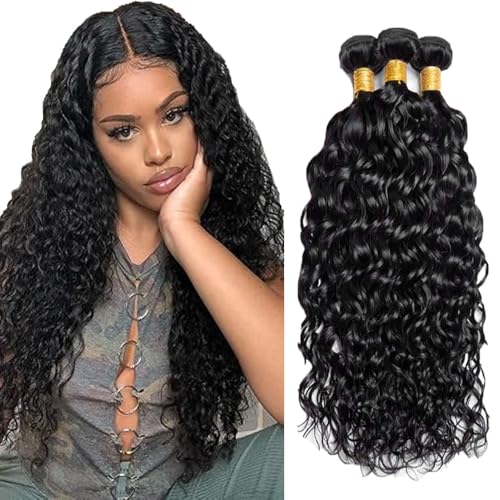 AuokMar Bundle Human Hair Extension Tissage Bresilien Cheveux Humain Natural Black Machine Double Weft Weave Water Wave Human Hair Tissage Cheveux Naturels...