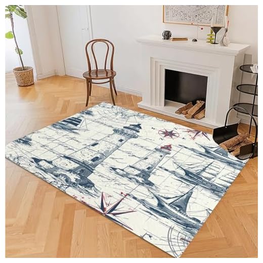 Tapete temático náutico com bússola de farol 10 x 10 cm para quarto, sala de estar, tapete grande estampado cinza e lavável, antiderrapante, tapete de piso interno e decoração de casa